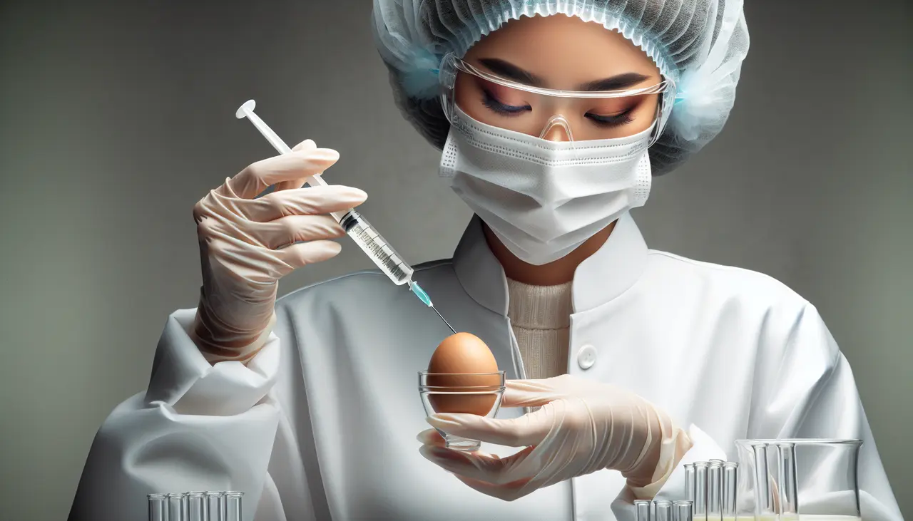 a scientist in a white lab coat, wearing a surgical mask and hat, using a syringe to extract liquid from a chicken egg