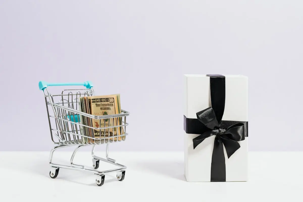 Stainless Steel Shopping Cart Beside A Present