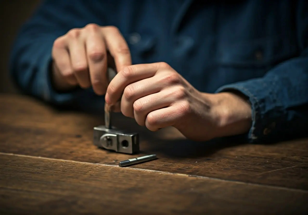 A close-up of a locksmith working on a lock. 35mm stock photo