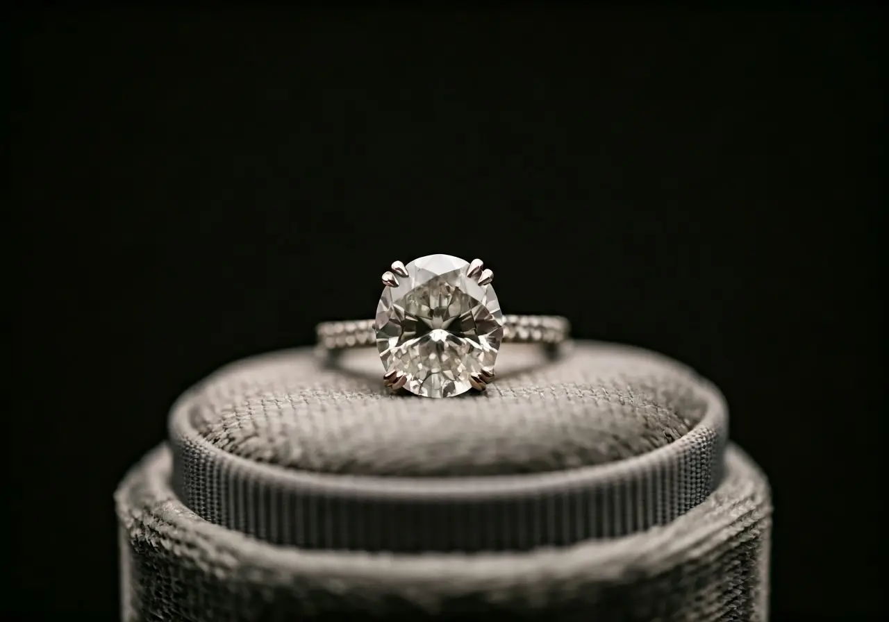 A sparkling diamond engagement ring on a velvet cushion. 35mm stock photo