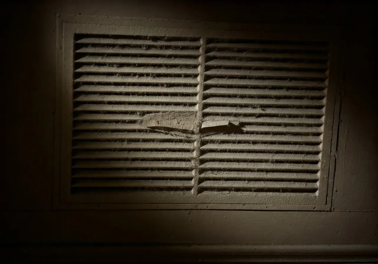 Dusty air vents in a dimly-lit room. 35mm stock photo