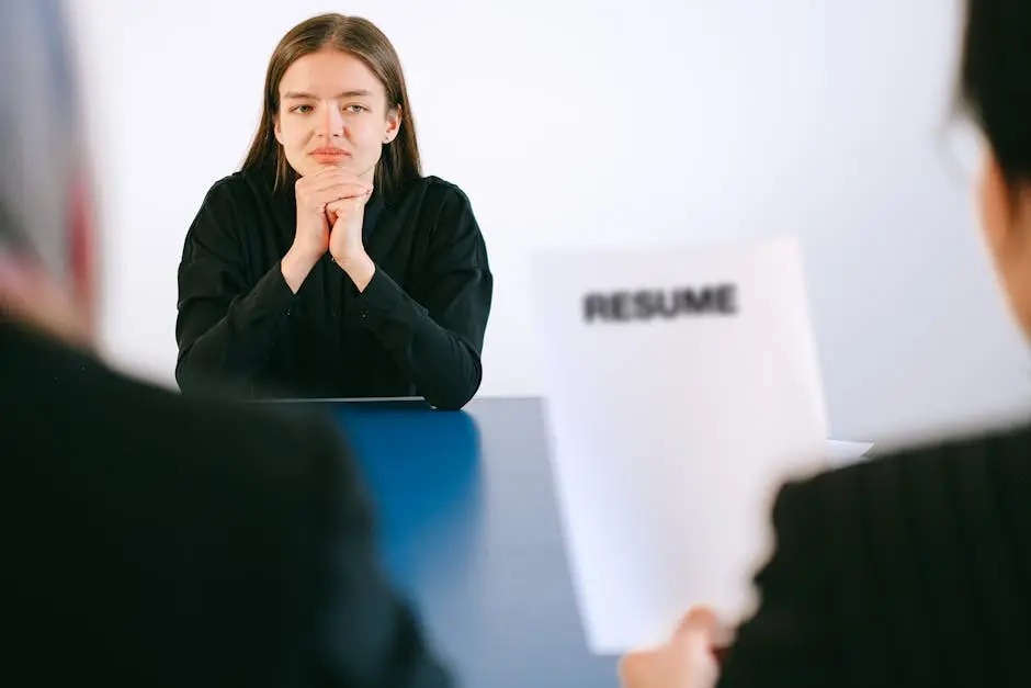 A woman in a job interview facing two employers with a focus on her resume.