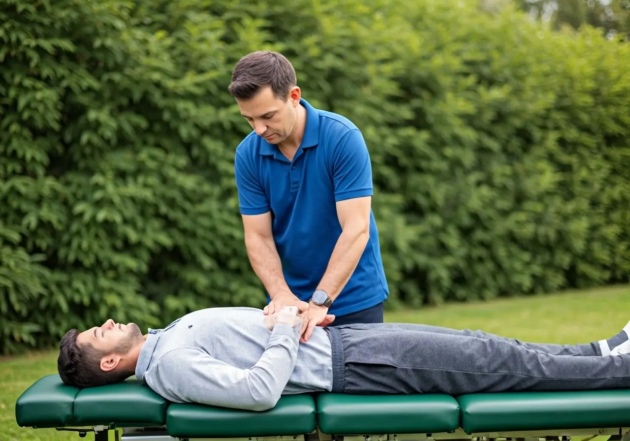 A sports chiropractor adjusting an athlete’s spine outdoors. 35mm stock photo