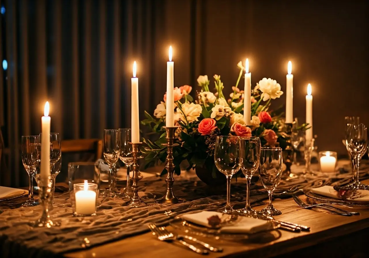 Elegante mesa de comedor con velas y centro de mesa floral. Foto de stock de 35 mm