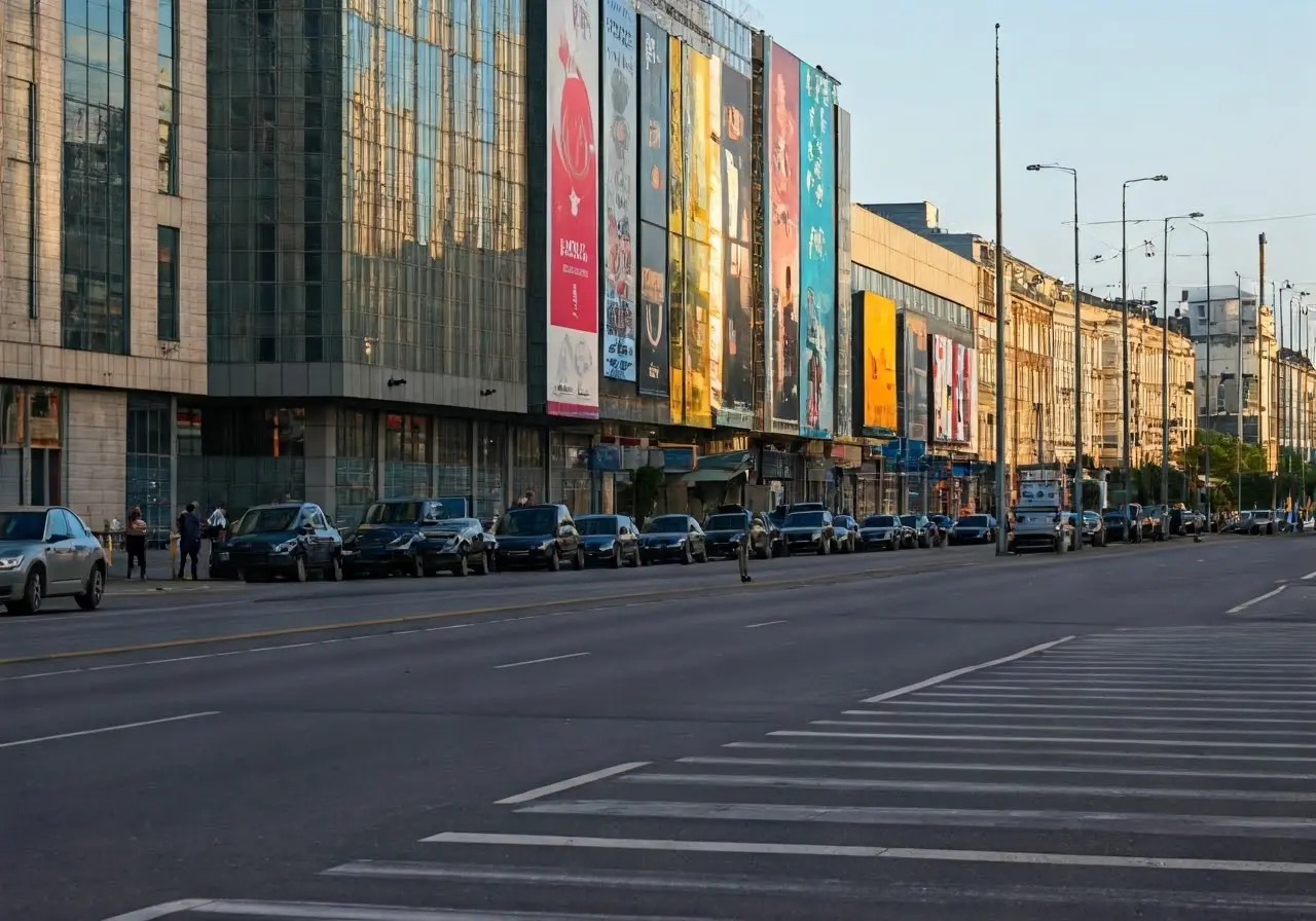 Image of a street with well-placed eye-catching billboards. 35mm stock photo