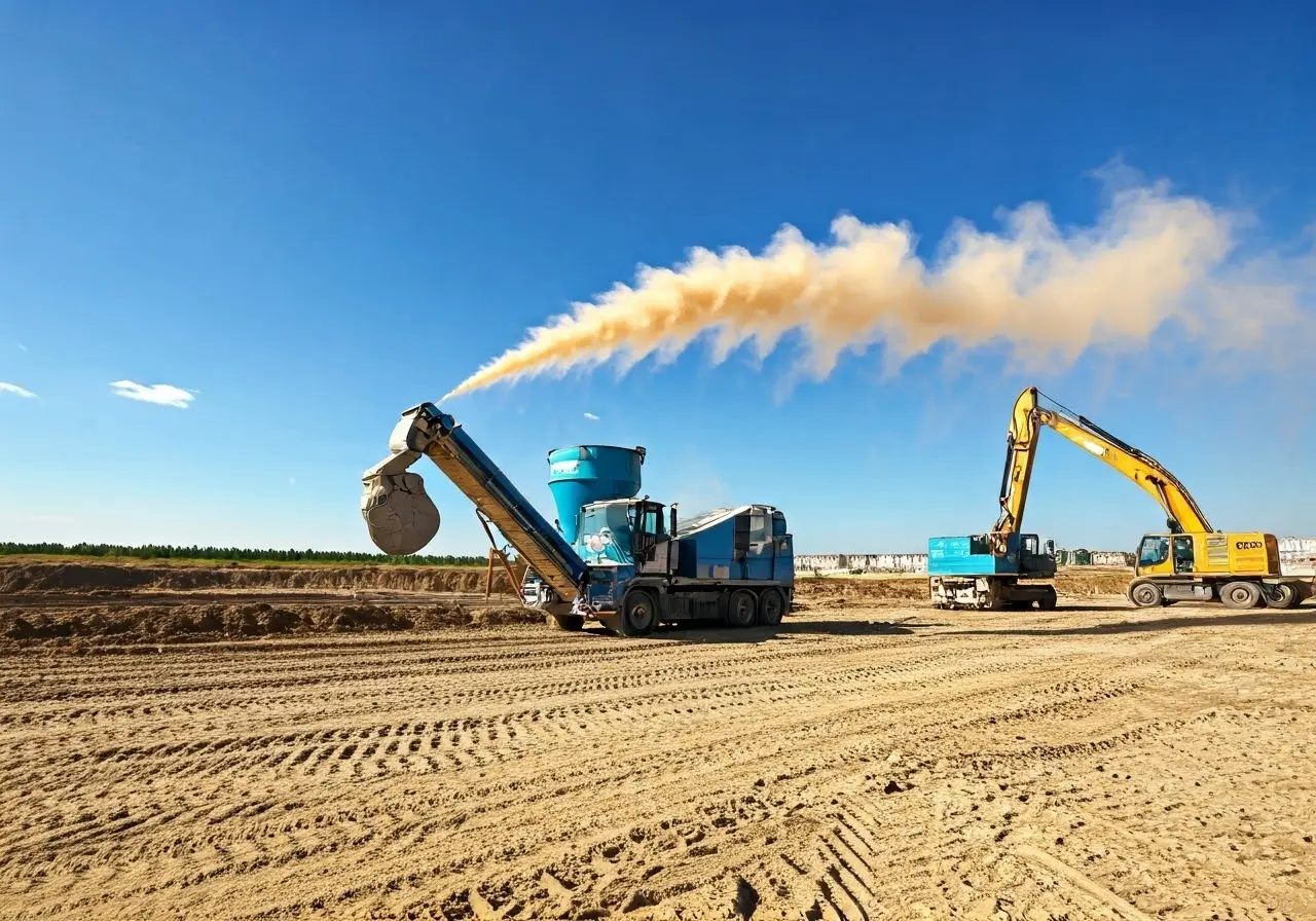 Construction site with dust collection equipment in action. 35mm stock photo