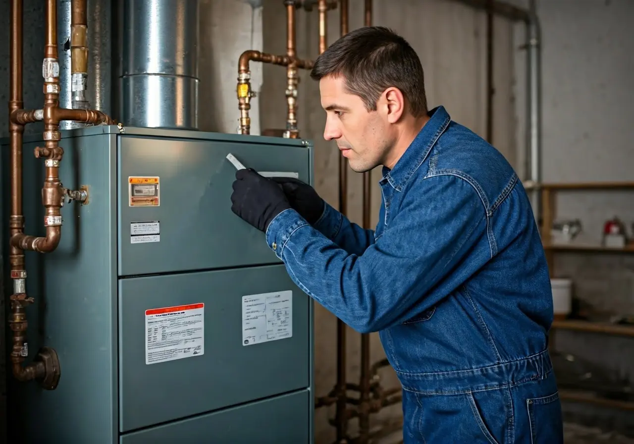 Image: Technician inspecting a home oil furnace in a utility room. 35mm stock photo