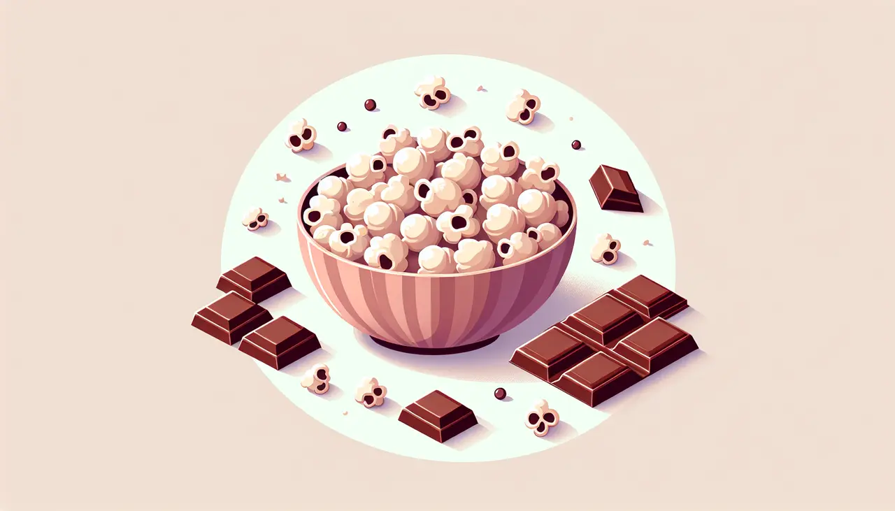 Draw a graphic in flat design style. A flat design illustration of a bowl of chocolate popcorn, with a few scattered popcorn pieces and chocolate bars around it, against a simple pastel-colored background.