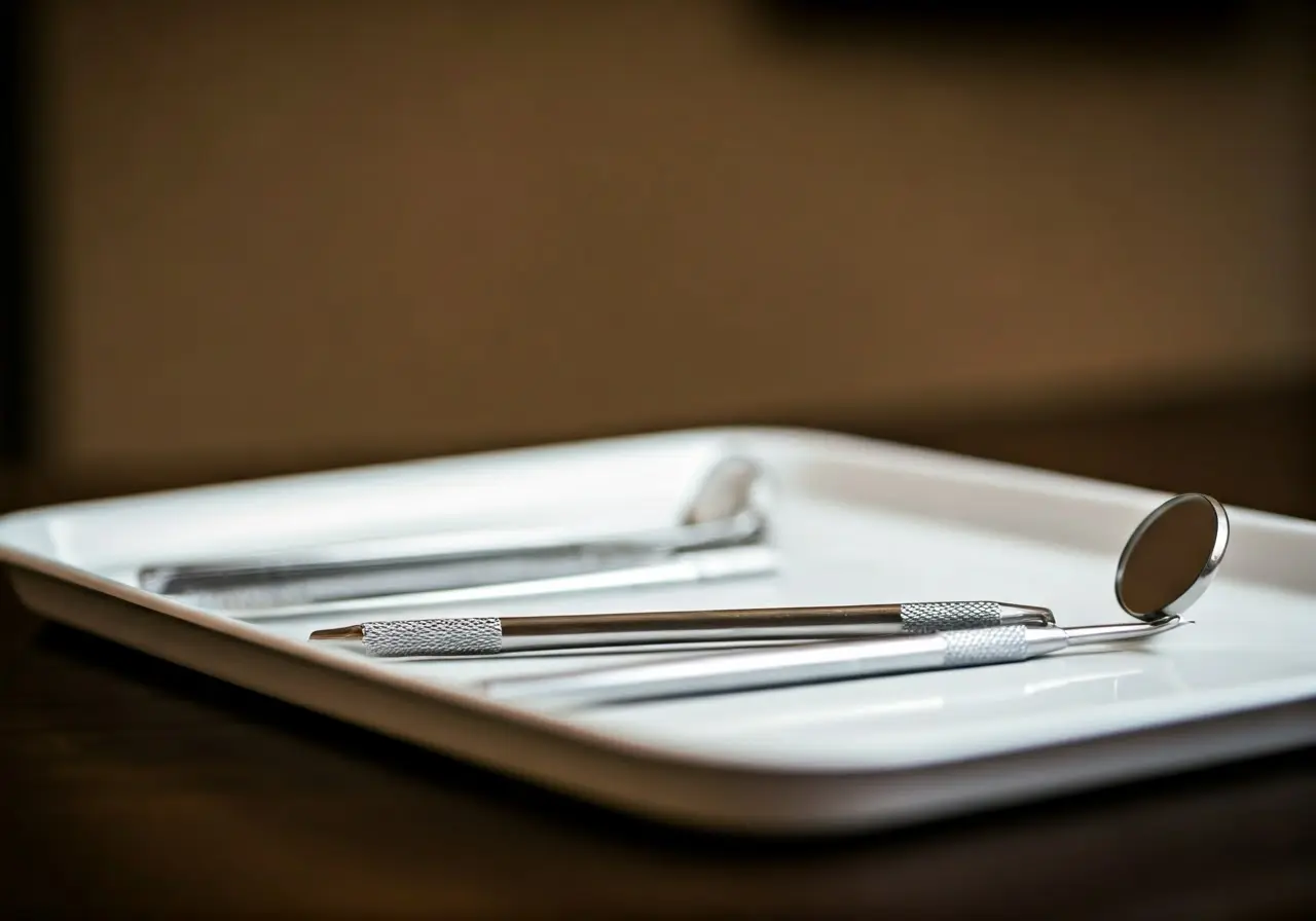 Dental tools on a clean white dental tray. 35mm stock photo