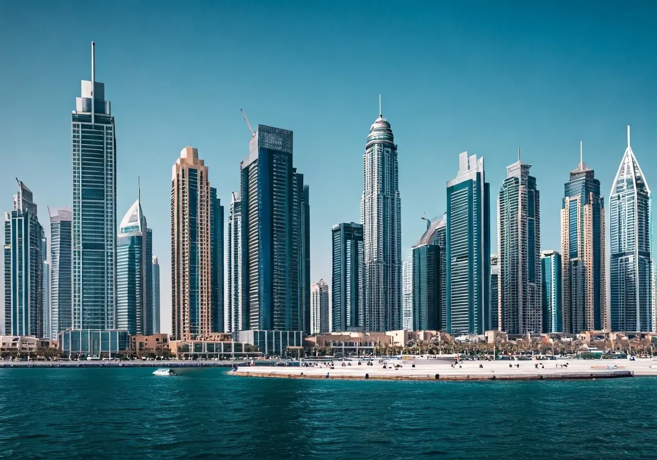 Skyline of Dubai with modern condos and skyscrapers. 35mm stock photo