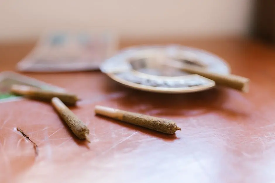 Rolled cannabis joints placed on a wooden table beside an ashtray, symbolizing relaxation.