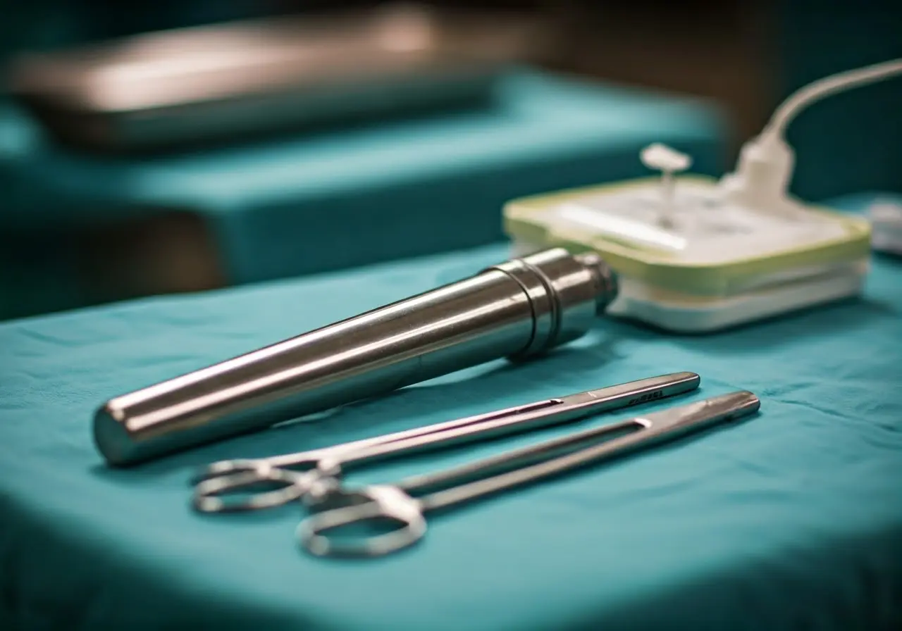 Gastric bypass surgery tools and medical equipment on a table. 35mm stock photo