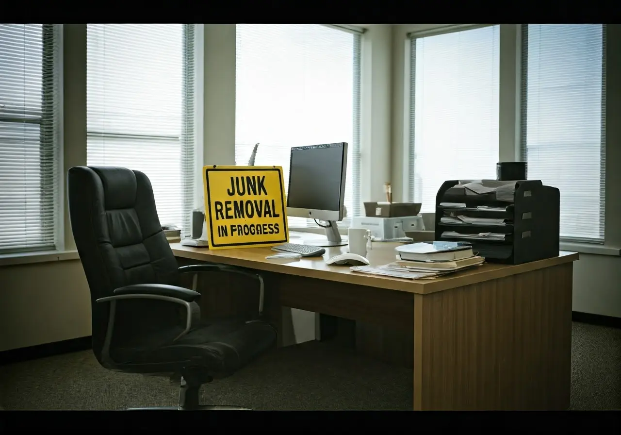 A cluttered office with a Junk Removal In Progress sign. 35mm stock photo