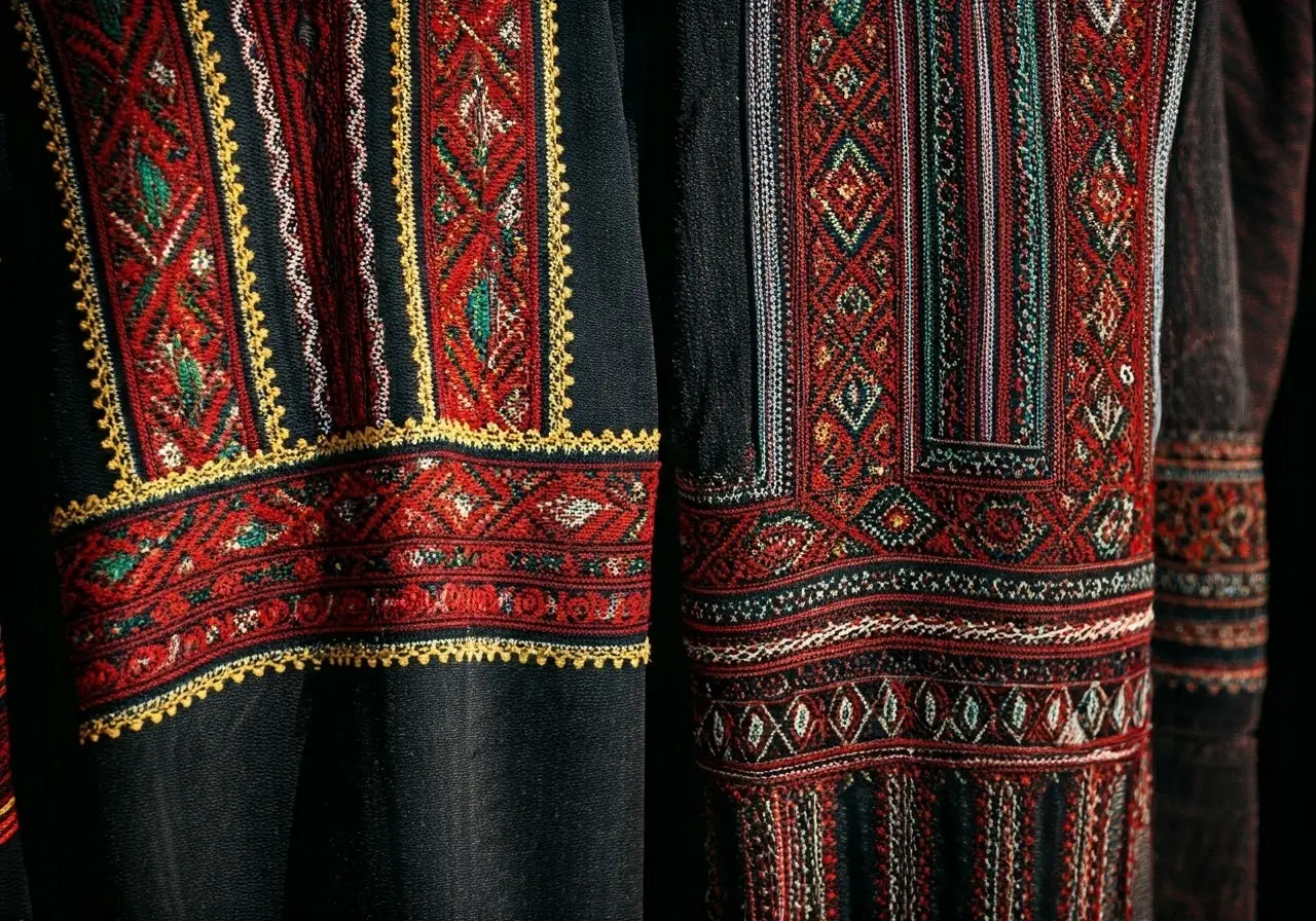 A detailed close-up of embroidered Palestinian traditional garments. 35mm stock photo