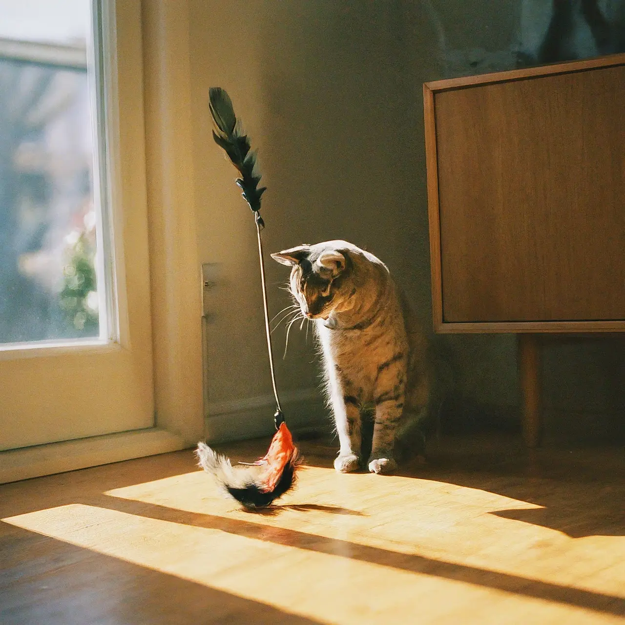 Cat playing with feather toy in a sunny living room. 35mm stock photo