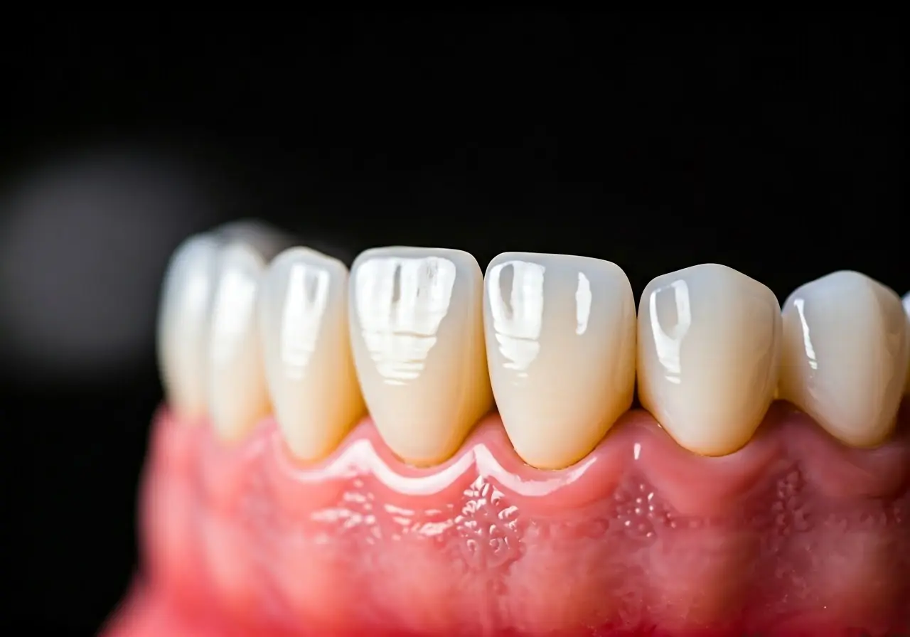 A close-up of a shiny white dental crown on a tooth. 35mm stock photo