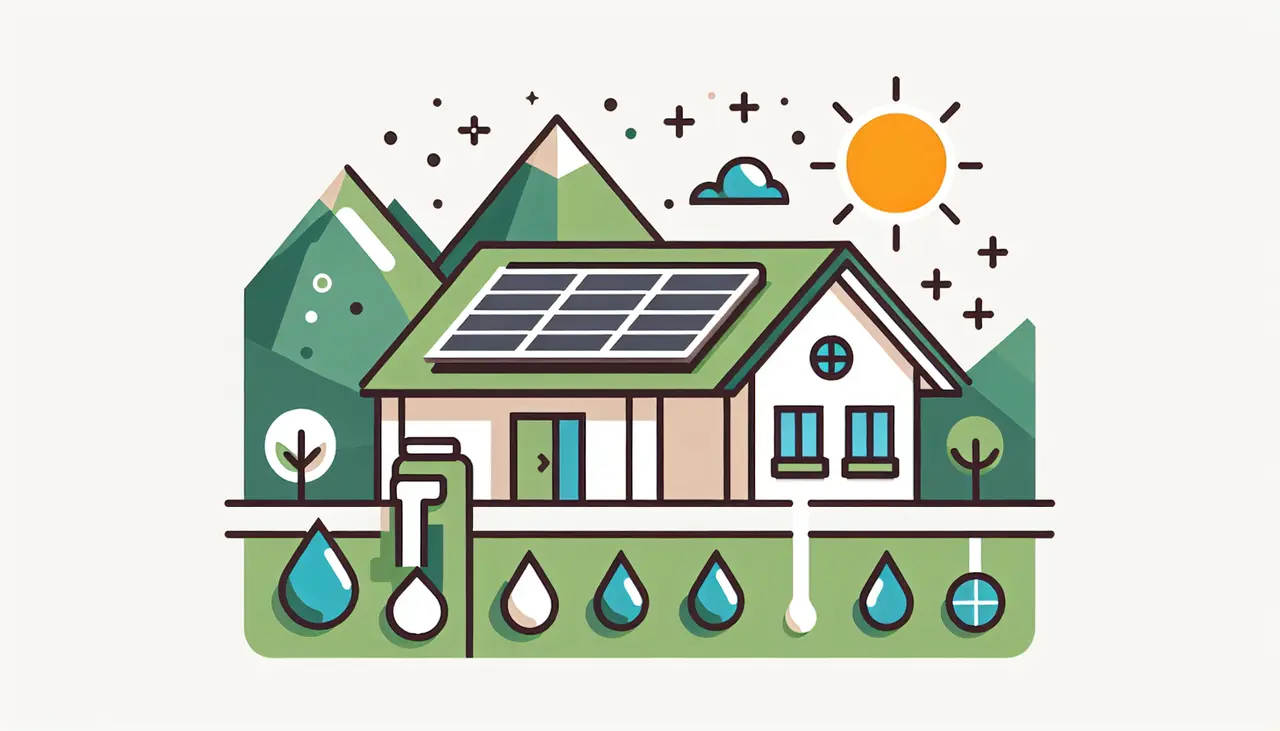 Draw a graphic in flat design style. Show a minimalist illustration of a home with a green roof nestled in the hills, highlighting solar panels and rainwater collection systems.