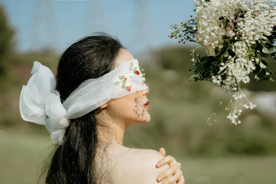 Faceless ethnic woman covering eyes with veil near flowers