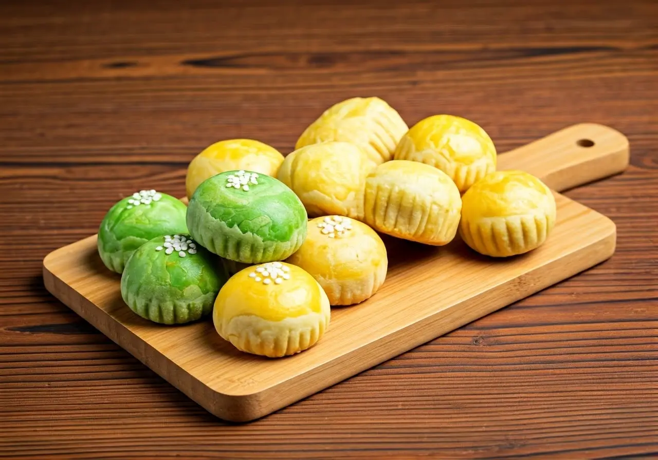 A colorful assortment of durian pastries on a wooden table. 35mm stock photo