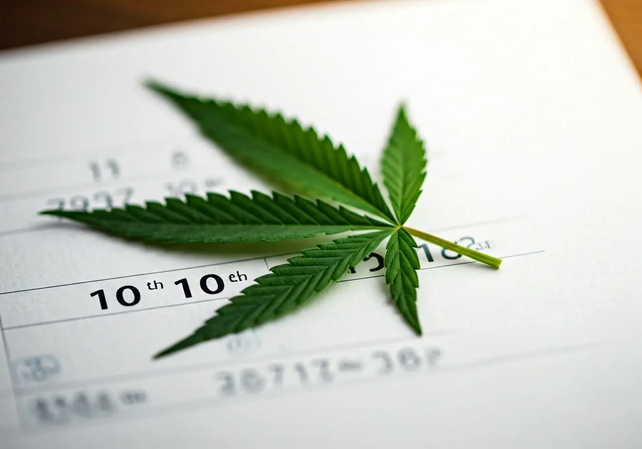 A cannabis leaf on a calendar page, marking the 10th. 35mm stock photo