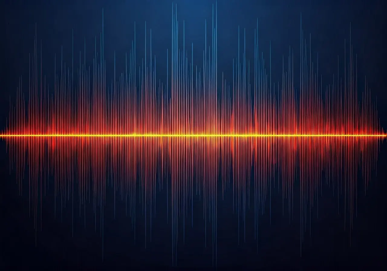 Colorful sound waves visualized against a calming blue background. 35mm stock photo