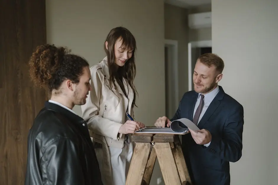 A couple signing real estate documents with a realtor inside a new apartment.