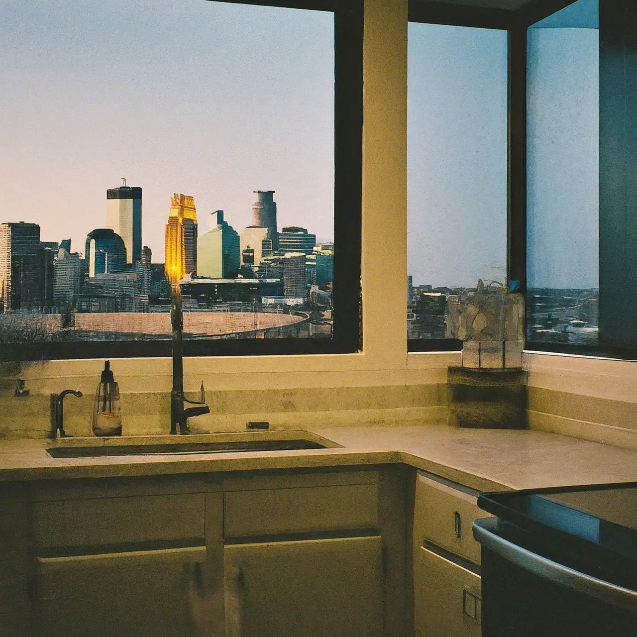 A spotless kitchen with vibrant Minneapolis skyline in the background. 35mm stock photo