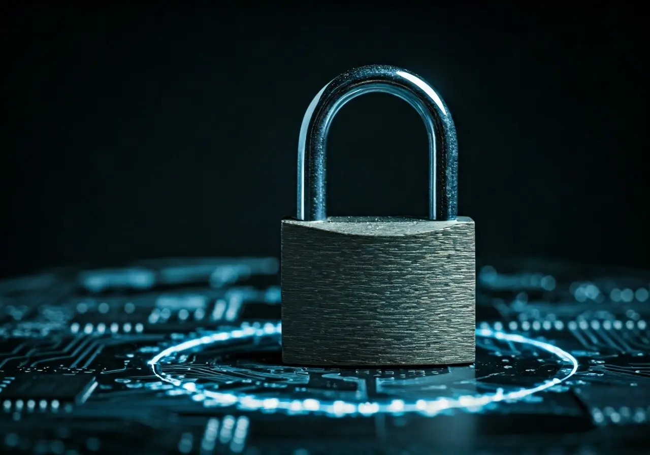 A locked padlock over a glowing digital circuit board. 35mm stock photo