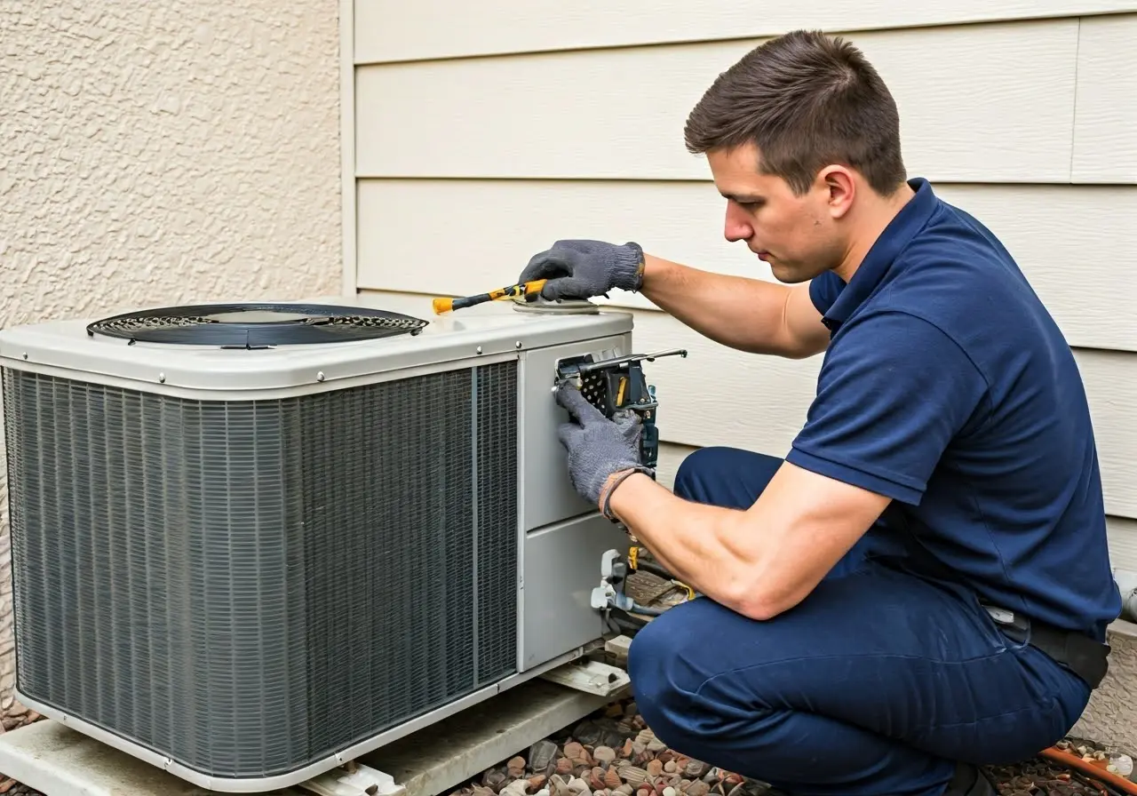 A technician repairing an air conditioning unit outside a house. 35mm stock photo