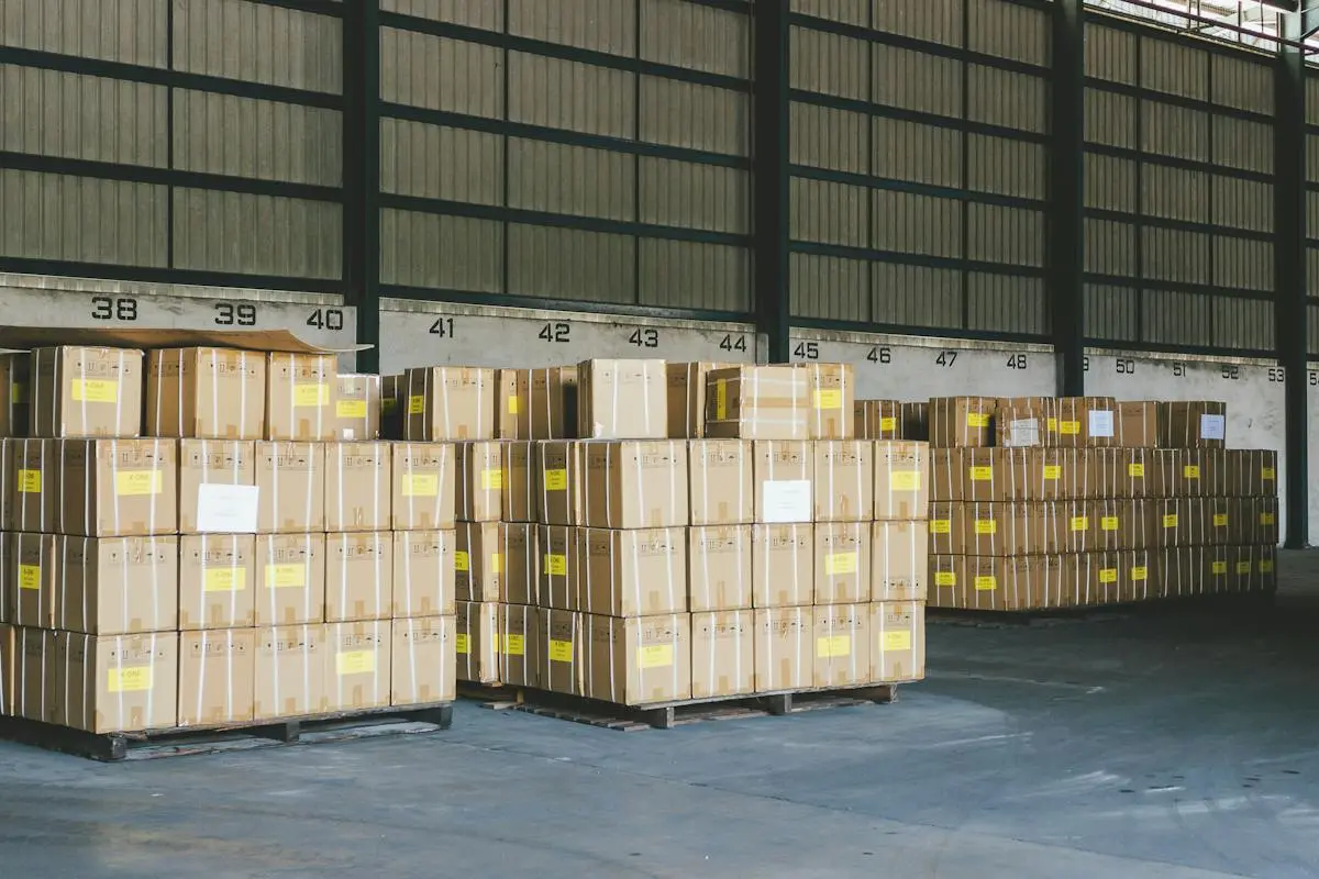 Industrial warehouse filled with a vast array of boxes, freight and shipping materials for distribution and transportation.