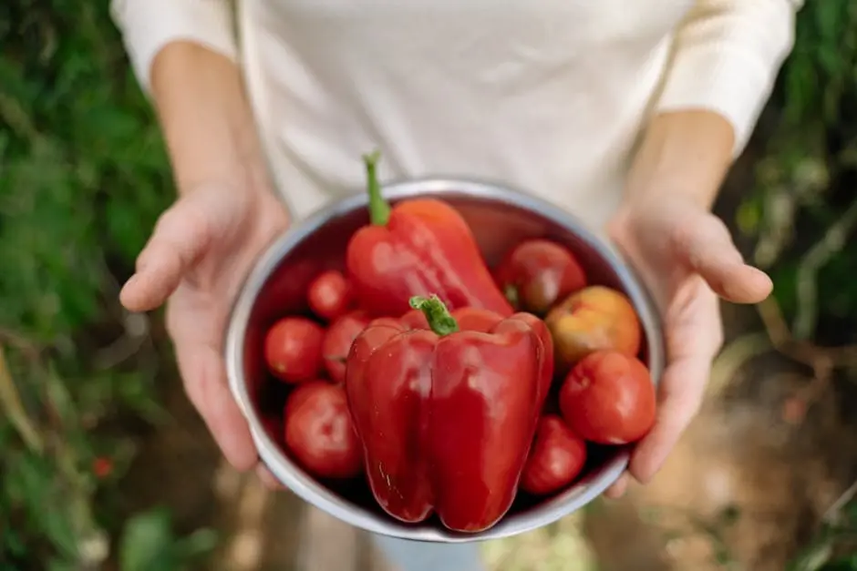 A Woman Holding a Bow; of Tomatoes and Bell Peppers