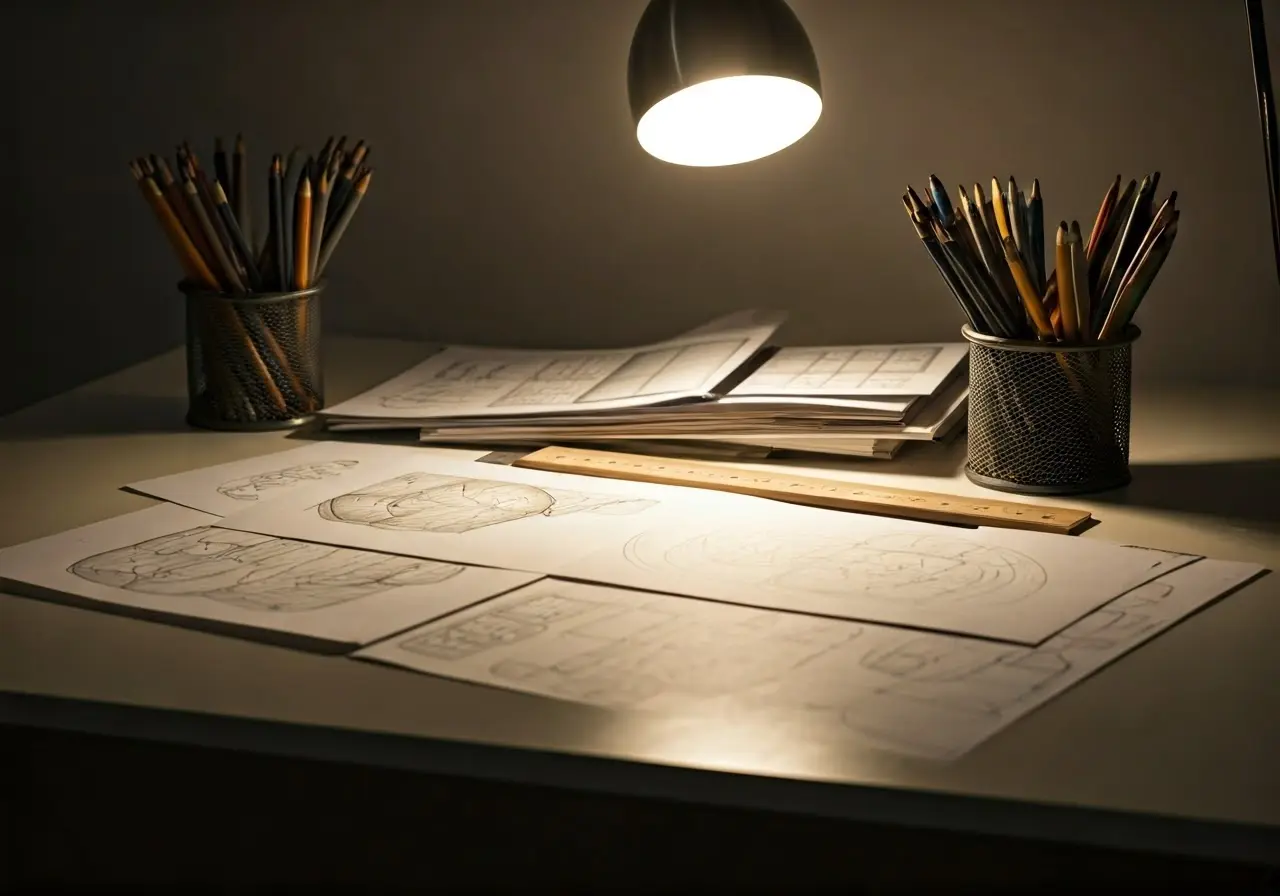 A cluttered desk filled with design sketches and tools. 35mm stock photo