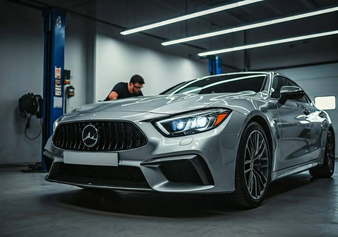 A luxury car being meticulously detailed in a high-end service garage. 35mm stock photo