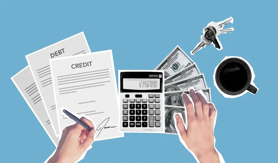 Overhead view of financial planning with debt and credit documents, calculator, and cash on blue background.