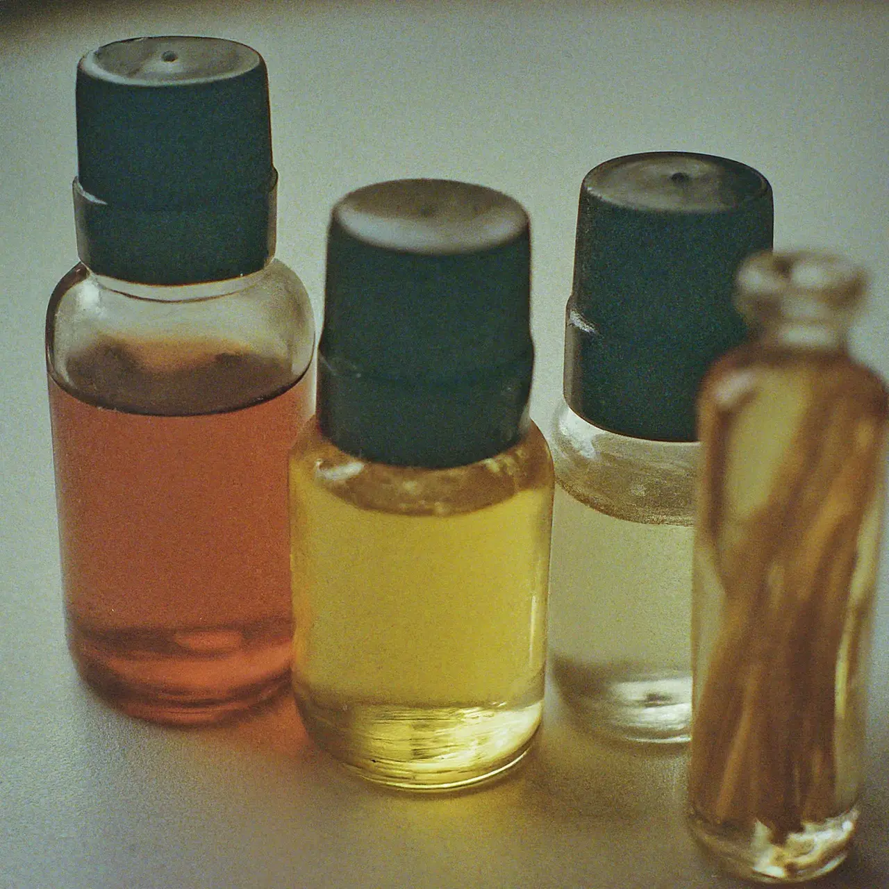 A collection of various fragrance oils in small glass bottles. 35mm stock photo