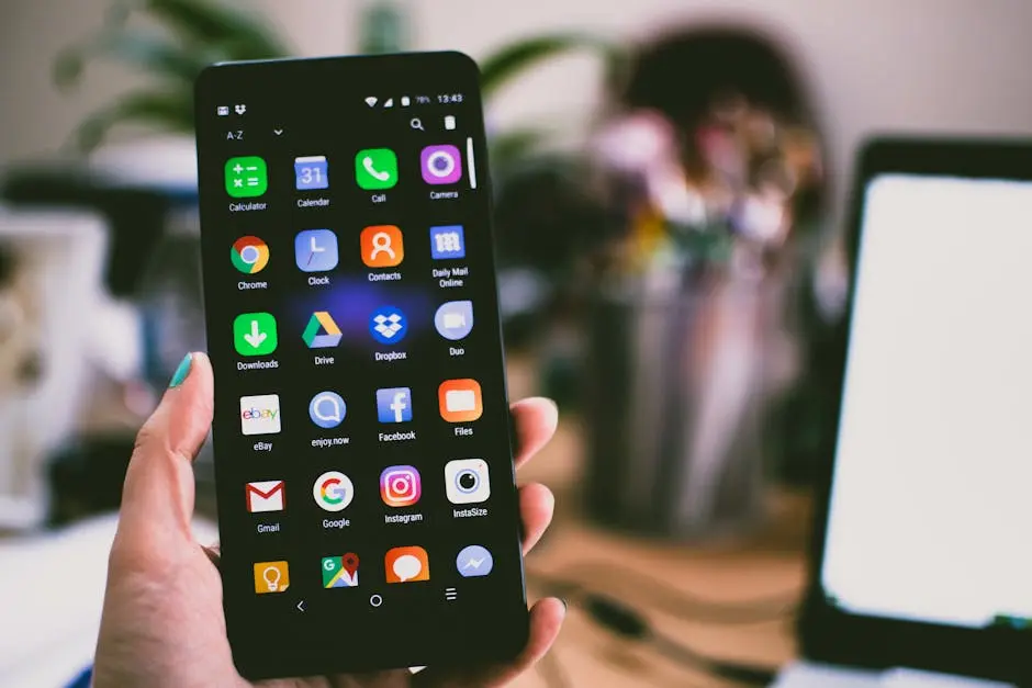 A close-up image of a person’s hand holding a smartphone displaying various popular apps.