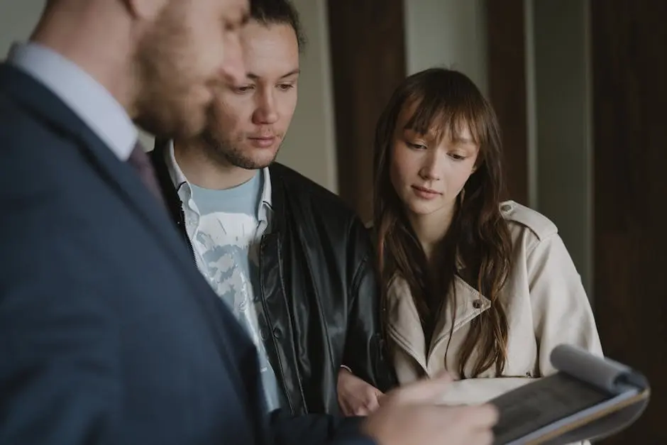 A couple discusses home buying details with a realtor inside a modern apartment.