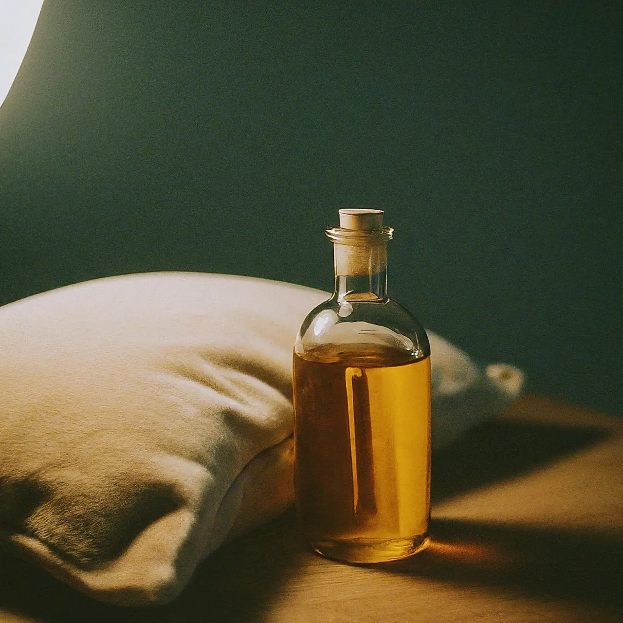 Bottle of olive extract beside a plush pillow and moonlight. 35mm stock photo