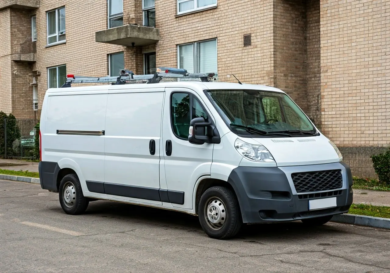 A locksmith van parked outside a residential building. 35mm stock photo