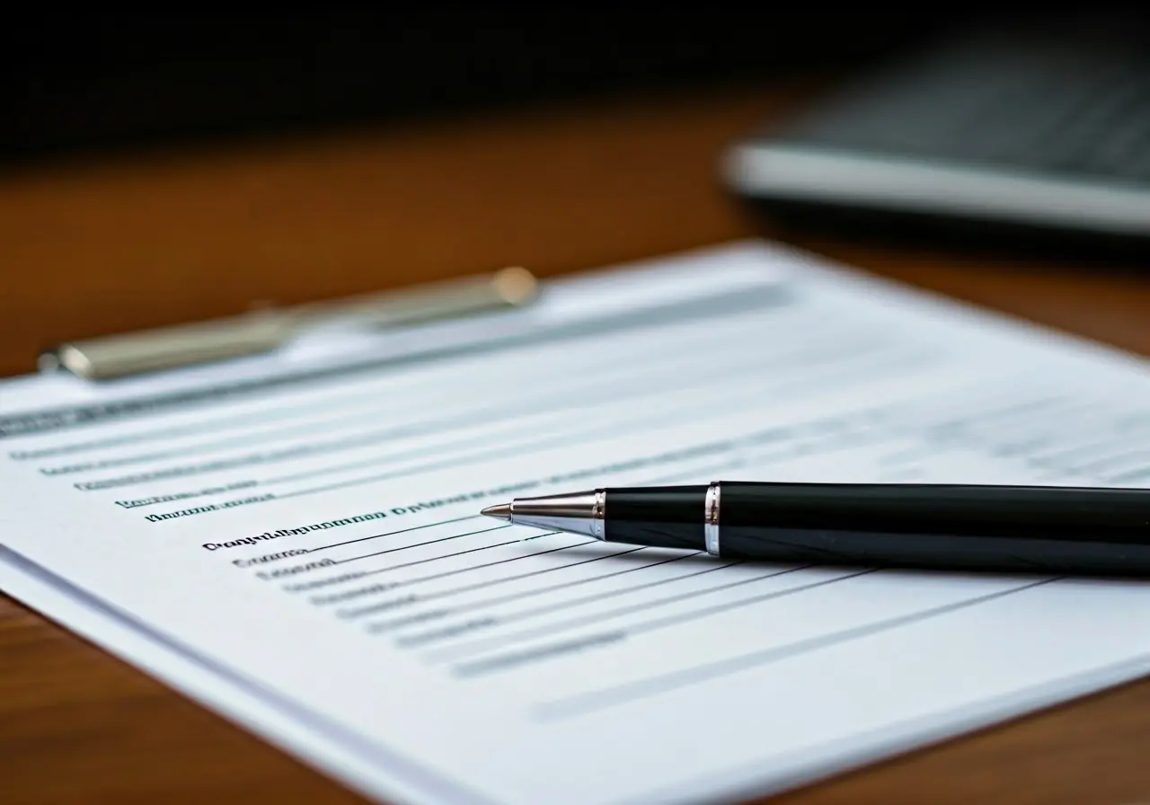 Close-up of a pen and application form on a desk. 35mm stock photo