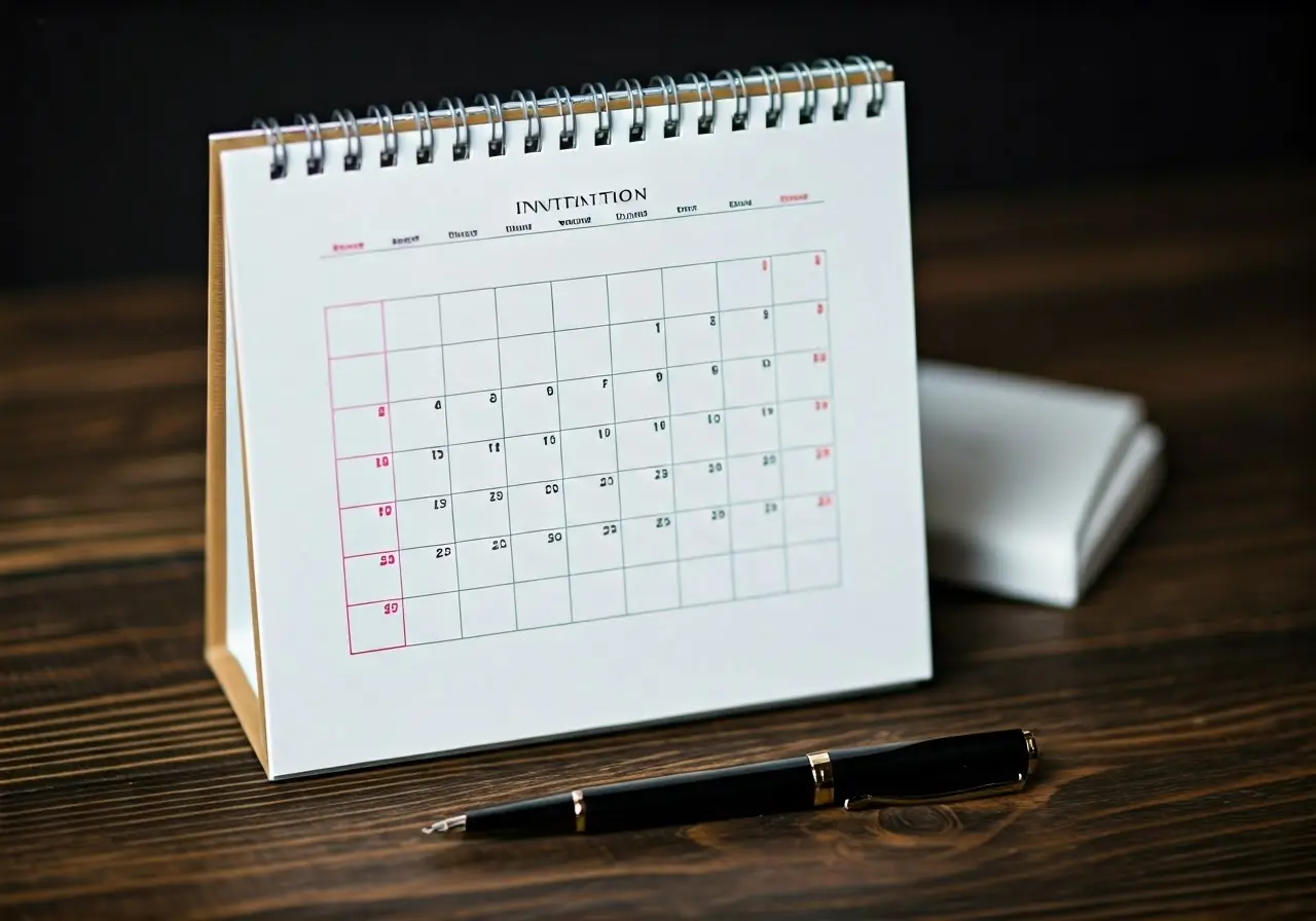 A calendar with an invitation and pen beside it. 35mm stock photo