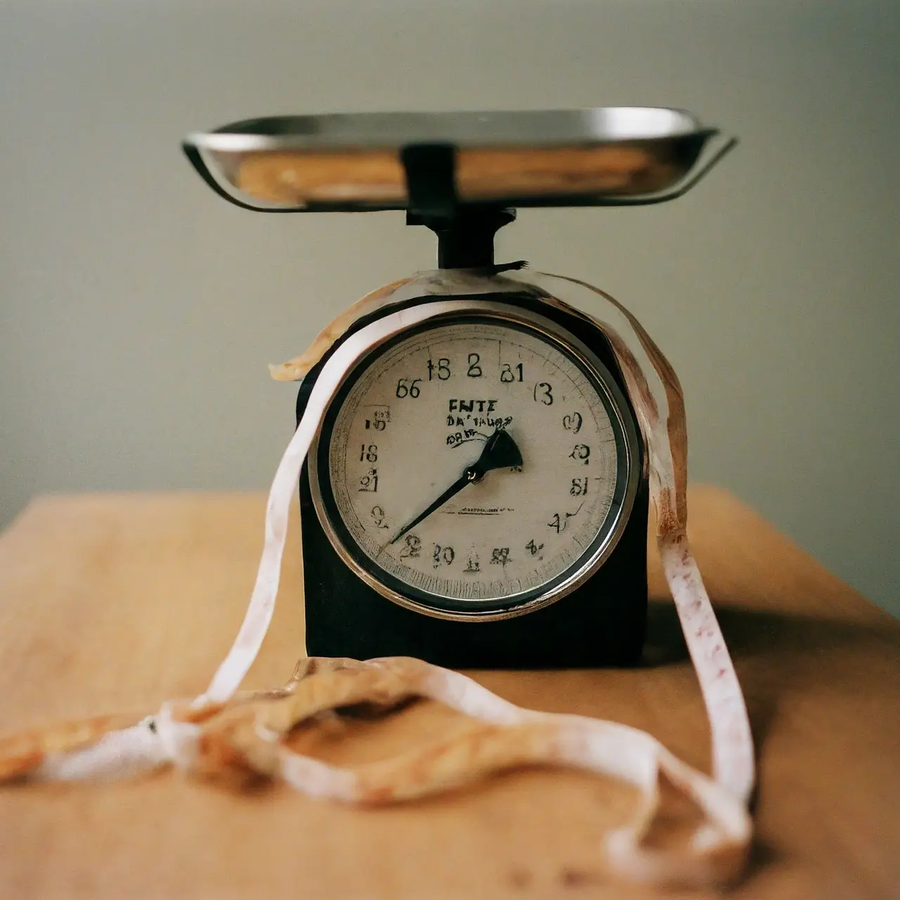 A scale with a measuring tape wrapped around it. 35mm stock photo