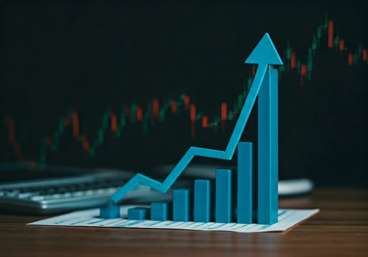 An upward-pointing arrow on a financial chart. 35mm stock photo