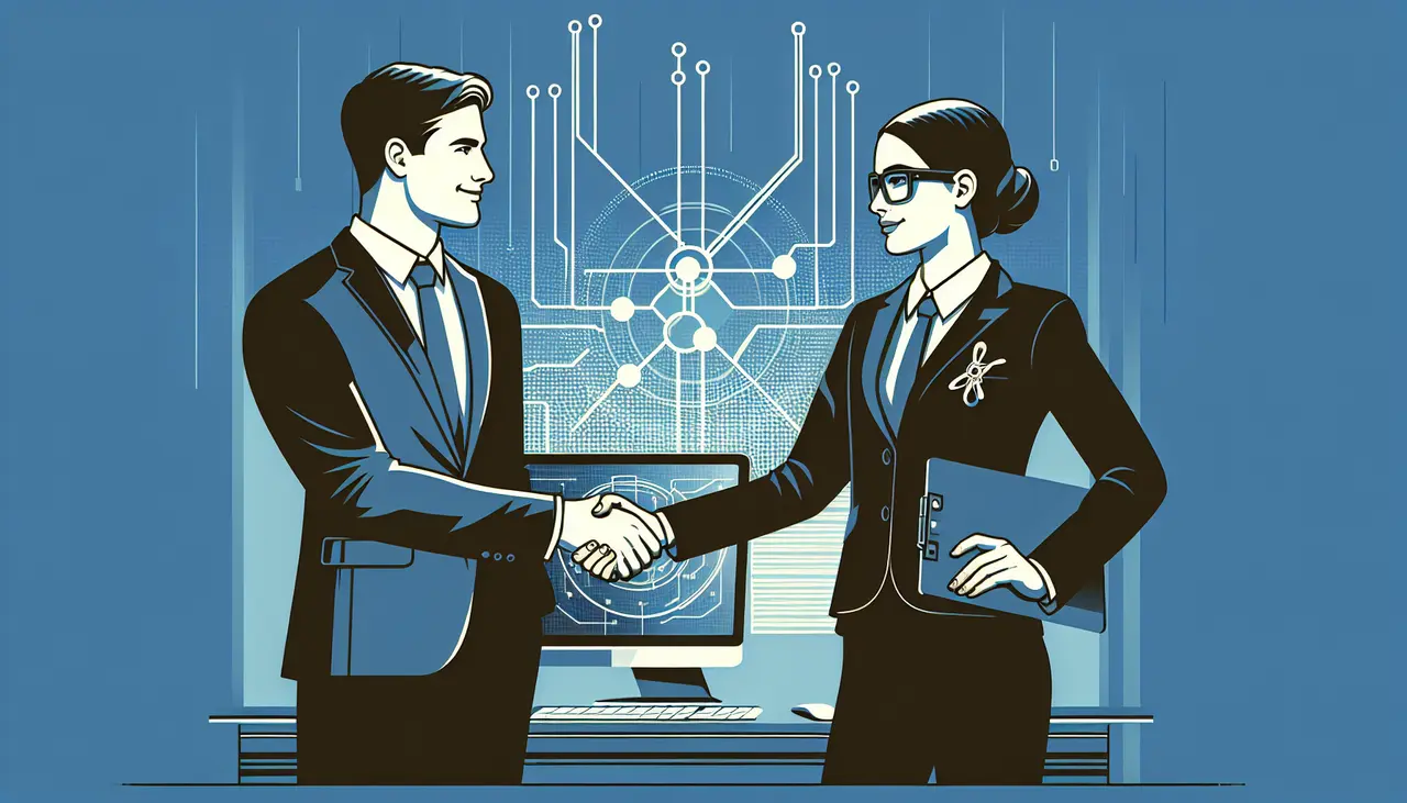 Draw a graphic in flat design style. Illustration of a businessman confidently shaking hands with an IT technician in front of a large computer screen displaying network graphics, symbolizing partnership and managed services.