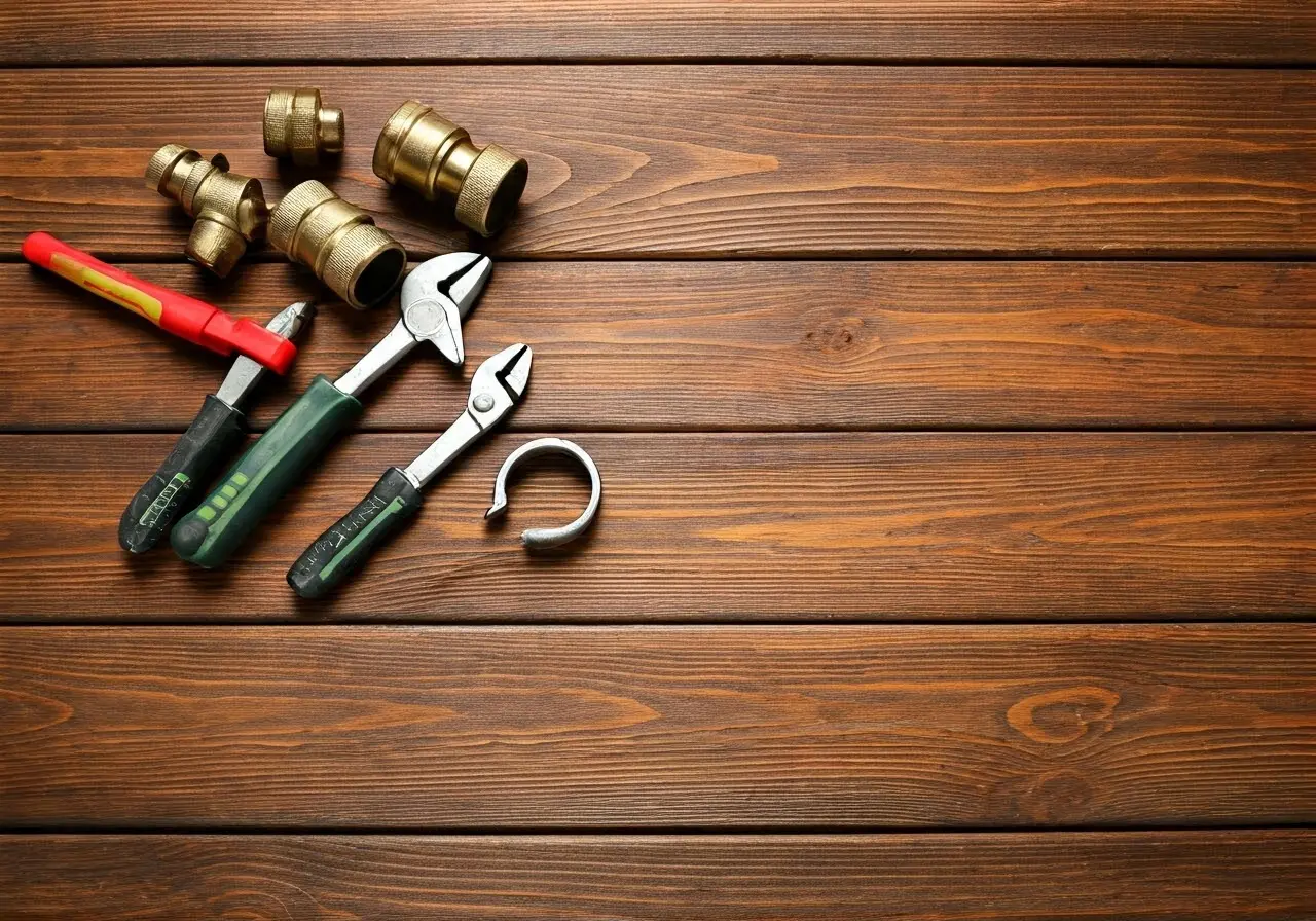 A toolkit with plumbing tools on a wooden table. 35mm stock photo