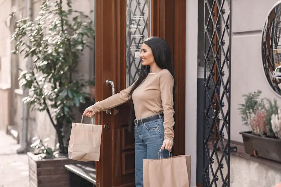 Satisfied woman coming out from shop