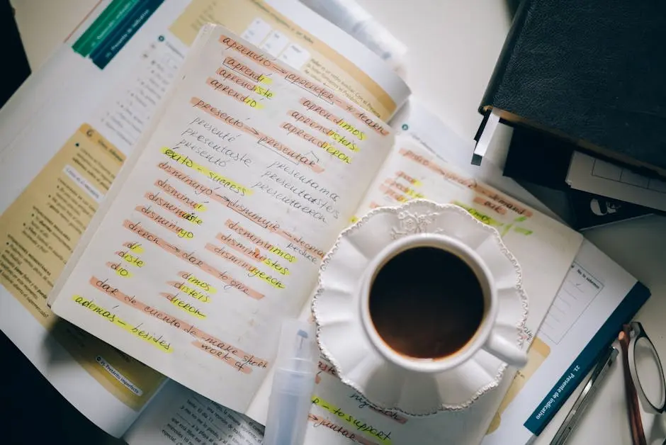 A cup of coffee on handwritten Spanish notes for language learning inspiration.