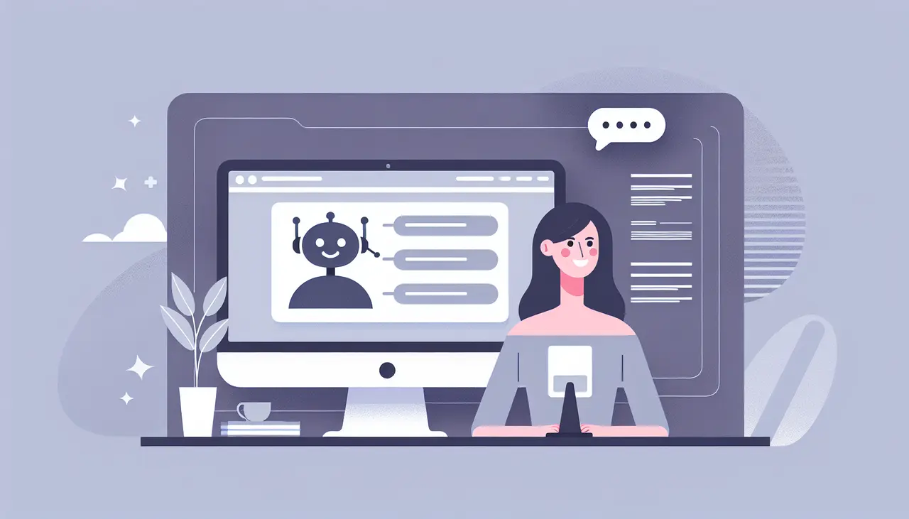 Draw a graphic in flat design style. An image of a smiling customer interacting with an automated service chatbot on a computer screen, with minimalistic background elements.