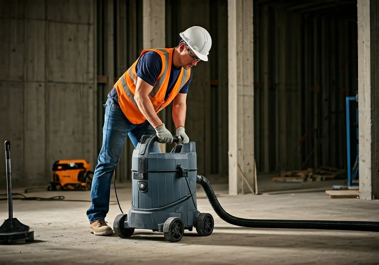 A construction worker using an integrated vacuum tool on-site. 35mm stock photo