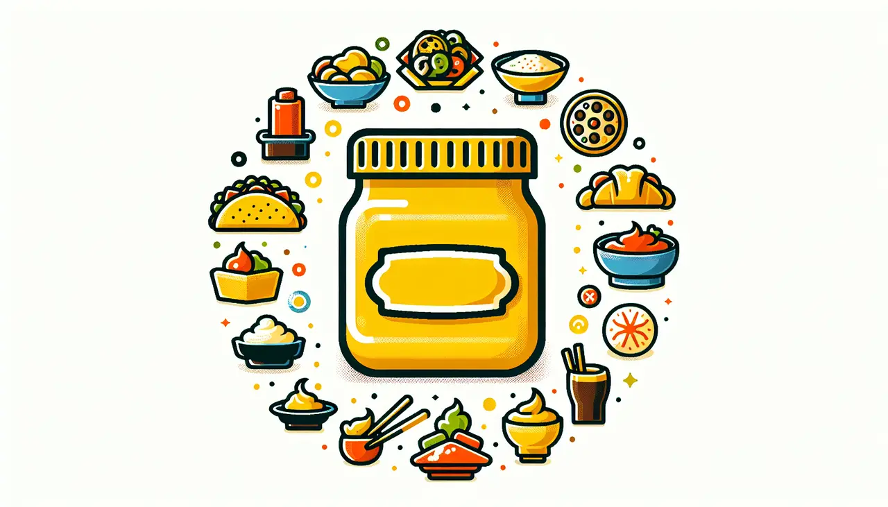 Draw a graphic in flat design style. Create an image of a mustard jar surrounded by small illustrations of dishes from around the world.